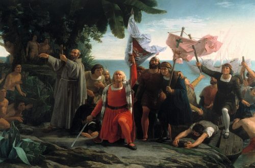 Krzysztof Kolumb wbija flagę na wyspie San Salvador